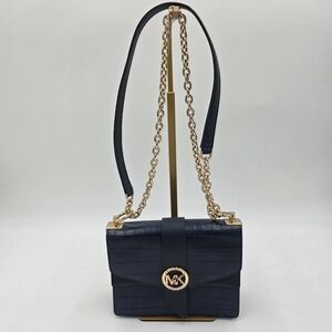 Michael Kors Dark Blue Croc-Embossed Leather Crossbody Bag with Gold Chain Strap